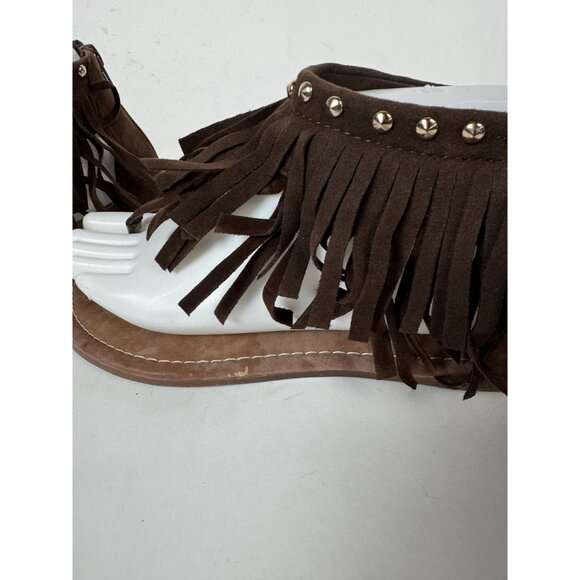 Brown Fringe Suede Flat Thong Sandals With Studded Accents & Zipper Closure For - Picture 2 of 15